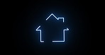 Neon light, house and icon with motion of animation, building or construction on a black background. Abstract sign, symbol or home with glow, outline or loop of apartment, lines and shape of asset