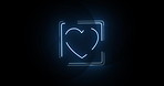 Neon light, heart and icon with motion of animation, like or frame on a black background. Abstract sign, love or emoji with symbol, glow or feedback of outline for review, vote or care in support