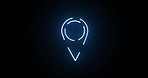 Neon light, location and icon with motion of animation or pin point on a black background. Abstract sign, symbol or direction with glow, outline or loop of marking, lines and circle for destination