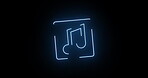Neon, light and music icon on black background for animation, media and digital sound. Abstract, sign and symbol as radio or folder for hip hop, online subscription and streaming service with audio