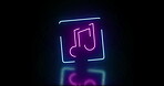 Glow, neon and music icon on black background for hip hop, media and digital streaming. Abstract, sign and logo as sound or audio for subscription service, online radio and application with light