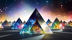 Light, triangle and prism with stars in galaxy of colorful reflection, crystal pyramid or 3D shapes. Shine, glow or geometric illusion of fragment, spectrum or abstract dimension of multiverse