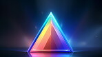Abstract, wallpaper and pyramid light or holographic prism for blue glow, energy or crystal. Black background, dark and symmetrical pattern with rainbow colors for triangle jewel, geometric or magic