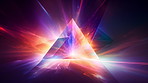 Light, triangle and prism with colorful reflection of crystal pyramid, dome or 3D shape. Shine, glow or geometric illusion of fragment, spectrum or abstract dimension of bright energy, art or glass