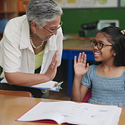 High 5 Approach Child Development High five, woman and child for education classroom, success and quiz ...