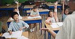 Classroom, teacher and students with questions, education and school with studying, answer and creativity. Group, educator and kids with fantasy, growth and learning with hobby, hands up and ideas