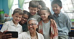 Teacher, children and selfie with happy students, photography and school memory or post with friends. Education website, smile and social media for academic blog, mobile app and diversity classroom