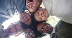 Kids, support and friends with huddle in outdoor park for circle, bonding or development. Low angle, diversity and young children with solidarity for community, happiness or connection in playground