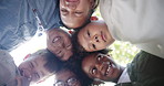 Children, face and friends with huddle in outdoor park for support, bonding or development. Low angle, diversity and young kids with solidarity for community, happiness or connection in playground