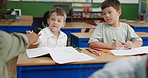 Learning, students and friends share pencil in classroom for knowledge, borrow or group studying. Kids, pen and help for education, writing and giving stationery for drawing in kindergarten together