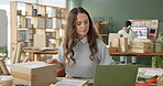 Box, delivery and laptop with woman in office for distribution, logistics or supply chain. Computer, ecommerce and package for order with employee in workplace for commercial export or import