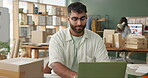 Box, delivery and laptop with man in office for distribution, logistics or supply chain. Computer, ecommerce and package for online order with employee in workplace for commercial export or import