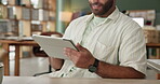 Office, man and happy with tablet for dropshipping checklist  with pride for small business growth. Startup, online order and smile for ecommerce, packaging and inventory for delivery schedule