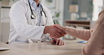 Shaking hands, medical and patient with doctor in consultation for thank you, welcome or greeting. Trust, checkup and healthcare worker with handshake for support of diagnosis with woman in clinic.