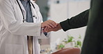 Shaking hands, support and patient with doctor in consultation for thank you, welcome or greeting. Trust, checkup and healthcare worker with handshake for empathy of diagnosis with person in clinic.