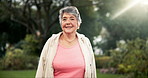 Face, outdoor and senior woman with fitness, exercise and retirement with hobby, active and smile. Portrait, pensioner and old lady in park, workout and training for wellness, healthy and energy