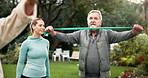 Elderly man, exercise and woman with senior care in garden, training and physiotherapy at nursing home. Health, wellness or female trainer with male patient for muscle health, development or progress