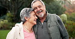 Senior couple, face and hug at park for care, love or smile for bonding in retirement on walk in morning. Elderly man, woman and embrace in portrait for connection, happy and outdoor in New Orleans