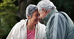 Forehead touch, elderly and support in nursing home or retirement village as pensioner or senior people. Happy  couple, trust and love with care, commitment or care as together, partner and empathy