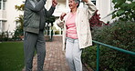 Dancing, elderly couple and support in nursing home or retirement village as pensioner or senior people. Forehead touch, trust and love with fun, happiness or joy as partner, together and bonding