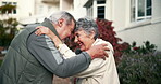 Dancing, senior people and support in nursing home or retirement village as pensioner or together. Forehead touch, elderly couple and outdoor with love, fun and happiness for joy, partner and bonding