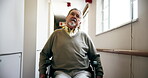 Hospital, wheelchair and senior man with disability, medical and routine checkup for healthcare and recovery. Clinic, patient and rehabilitation of elderly person, sad and thinking of retirement