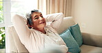 Senior, woman and calm on sofa to relax in retirement home for tranquil moment, elderly care and comfortable for rest. Old female person, eyes closed and breathing with stress free and happiness.