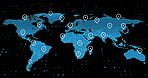Hologram, map and location pins for travel, global population or demographic statistics. Earth, network and futuristic 3d model of abstract countries with navigation marker by black background.