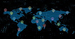 Hologram, map and abstract location pins for travel, global population or demographic statistics. Earth, network and futuristic display of countries with navigation marker by black background.