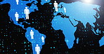 Avatar, network and digital map of earth for future technology, cyber infrastructure and black background. Information, communication and global communication for internet grid on dark wallpaper.