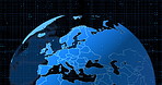 Grid, connection and digital map of earth for future technology, cyber infrastructure and iot on black background. Information, communication and global network for internet data on dark wallpaper.