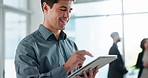 Business, man and typing on tablet in workplace, online communication and employee planning company schedule. Scrolling, website browsing and social networking on app, research and email review