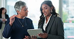 Collaboration, tablet or workshop with mentor and employee in boardroom of office for feedback or review. Coaching, corporate or coaching with business woman and manager in professional workplace