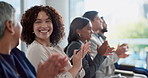 Applause, seminar and business people in office for presentation for company achievement or victory. Clapping hands, celebration and audience of corporate lawyers at conference meeting in workplace.