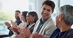 Applause, seminar and business people in office for meeting with company achievement or victory. Clapping hands, celebration and audience of corporate lawyers at legal conference in workplace.