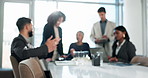 Blurred background, collaboration and meeting with business people in boardroom of office together. Corporate, planning and teamwork with employee group in workplace for discussion or training