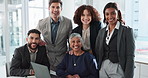 Teamwork, portrait and proud with laptop, office and online for research, paralegal and administration. Law firm, people and collaboration of lawyer with group, legal and information with computer