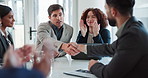 Business people, handshake and applause with team for meeting, congratulations or agreement at office. Businessman shaking hands with employee or group clapping for promotion or deal at workplace