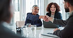 Business people, handshake and applause with team for congratulations, agreement or meeting at office. Businessman shaking hands with employee or group clapping for promotion or deal at workplace