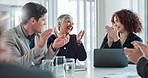 Business people, applause and laptop with team in meeting for congratulations or achievement at office. Group of excited employees clapping together for promotion, good news or deal at workplace