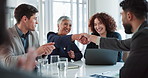 Clapping, colleagues and handshake in boardroom, laptop and success of proposal for group. Professional, employees and teamwork for corporate, applause and trader with people and welcome for project