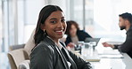 Woman, smile and face in meeting with confidence of business collaboration with worker. Happy, portrait and corporate lawyer in attorney office ready for teamwork at law firm with job training