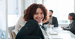 Business woman, happy and face in meeting with confidence of collaboration with worker. Laugh, portrait and corporate lawyer in attorney office ready for teamwork at law firm with job training