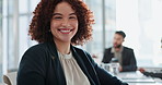 Business woman, smile and face in meeting with confidence of collaboration with worker. Happy, portrait and corporate lawyer in attorney office ready for teamwork at law firm with job training