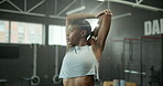 Fitness, stretching and vision with woman in gym to start exercise, training or workout routine. Challenge, confident and thinking with African person in health club for improvement or performance