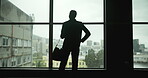 Business woman, city window and silhouette for vision, company future and success. Confident person, corporate leadership and career and idea for startup or achievement, inspiration and workplace