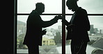 Business people, silhouette and fist bump in airport for travel and success for international career. Conversation, corporate team and happy for achievement, flight or destination in city for work 