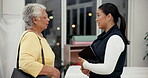 Handshake, explaining and senior woman with nurse, checkup and elderly care in clinic for healthcare. Retirement, greeting and patient with service of injury or physiotherapist with smile in hospital