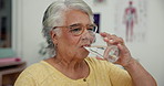 Pill, water and senior woman in clinic for medical consultation with medication for recovery of flu. Healthcare, vitamins and elderly female person with medicine, tablet or supplement with h2o drink.