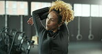 Fitness, stretching and thinking with woman in gym for start of exercise, training or workout routine. Challenge, idea and warm up with African person in health club for improvement or performance